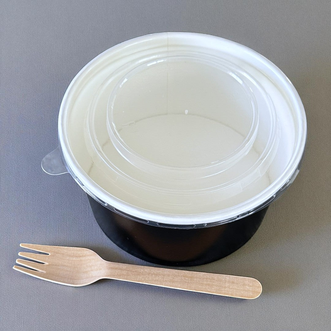 Black 1000ml Round Bowl With Clear PP Lid Side Overhead - Propus Packaging